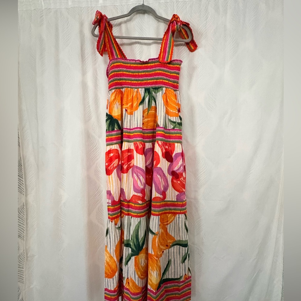 House of Harlow 1960 Orange Pink Green Floral Smocked Maxi Dress